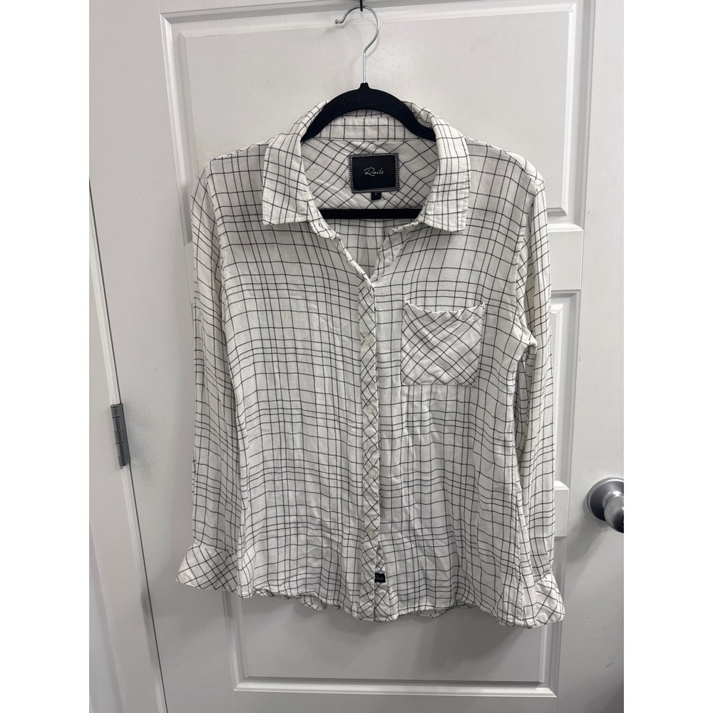 Rails Hunter Plaid Button Down Shirt White Black Rayon Long Sleeve Womens Small‎